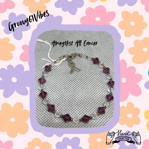 Amethyst All Cancer Awareness Charm - Handcrafted Austrian Beads Bracelet - Picture 1 of 5